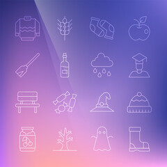 Set line Waterproof rubber boot, Winter hat, Graduate and graduation cap, Socks, Bottle wine, Handle broom, Sweater and Cloud with rain icon. Vector