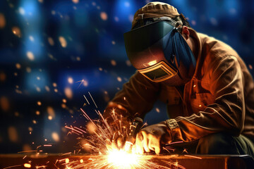 welder is welding metal with bokeh and sparkle background