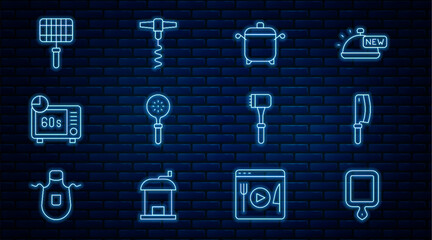 Set line Cutting board, Meat chopper, Cooking pot, Spatula, Microwave oven, Barbecue steel grid, Kitchen hammer and Wine corkscrew icon. Vector