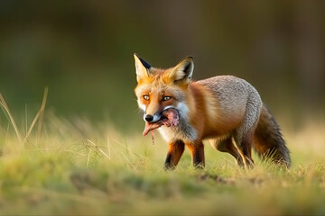 Red Fox after hunting, Vulpes vulpes, wildlife scene from Europe.Portrait of fox with prey on meadow