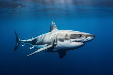 Naklejka premium Great white shark underwater, hunting and attacking, predator