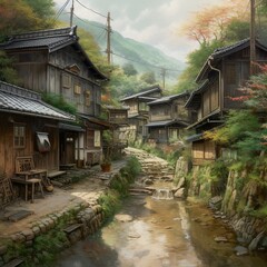 Fototapeta na wymiar japanese village in the mountains