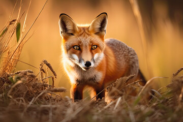 Fototapeta premium Red Fox after hunting, Vulpes vulpes, wildlife scene from Europe.Portrait of fox with prey on meadow