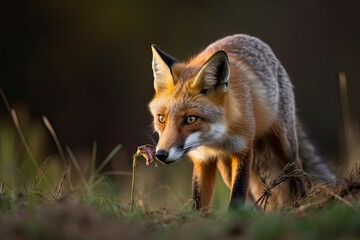 Fototapeta premium Red Fox after hunting, Vulpes vulpes, wildlife scene from Europe.Portrait of fox with prey on meadow