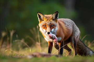 Red Fox after hunting, Vulpes vulpes, wildlife scene from Europe.Portrait of fox with prey on meadow