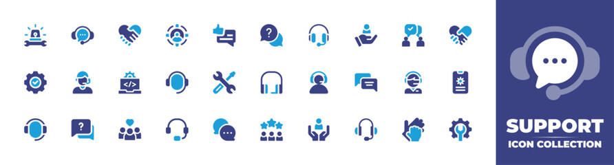 Support icon collection. Duotone color. Vector and transparent illustration. Containing tech support, customer service, handshake, target, live chat, help, headphones, customer, communication, fair. - obrazy, fototapety, plakaty