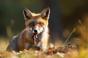 Fototapeta premium Red Fox after hunting, Vulpes vulpes, wildlife scene from Europe.Portrait of fox with prey on meadow