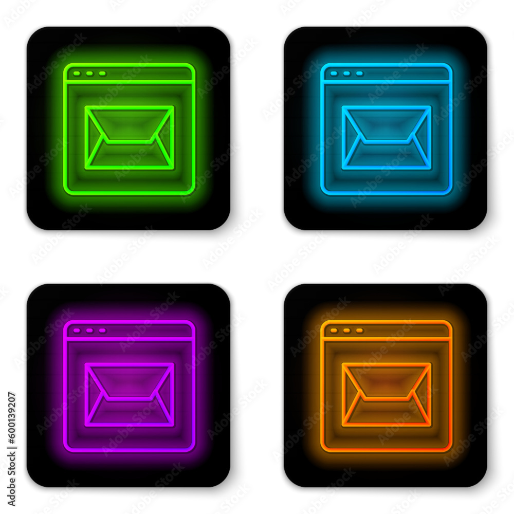 Poster glowing neon line website and envelope, new message, mail icon isolated on white background. usage f