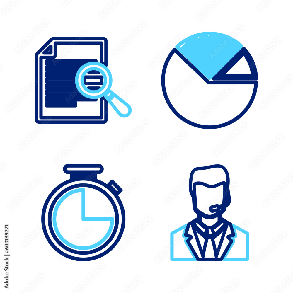 Poster set line man with a headset, stopwatch, pie chart infographic and document search icon. vector