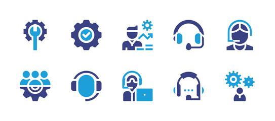 Support icon set. Duotone color. Vector illustration. Containing repair, setting, investment, headphones, telemarketer, settings, customer support, customer service, headphone, management.