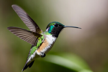 Fototapeta premium Tyrian Metaltail Hummingbird in the treetops in a tropical rainforest, Amazon of Brazil. Wildlife concept of ecological environment. Generative AI