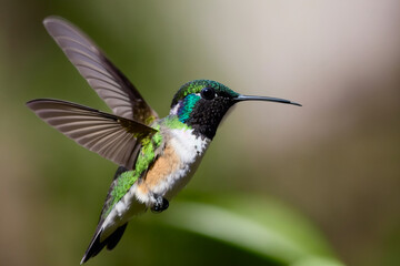 Tyrian Metaltail Hummingbird in the treetops in a tropical rainforest, Amazon of Brazil. Wildlife concept of ecological environment. Generative AI