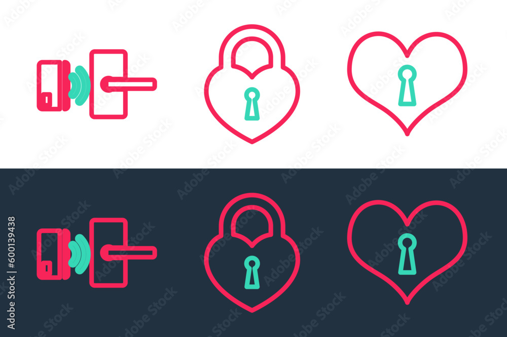 Poster set line heart with keyhole, digital door lock wireless and castle in the shape of heart icon. vecto