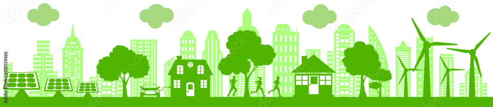 Wall mural concept ecology city with solar panel and wind turbine, renewable eco friendly energy banner, wind s