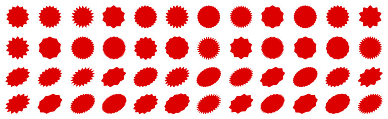 Set of red price sticker, sale or discount sticker, sunburst badges icon. Stars shape with different number of rays. Special offer price tag. Red starburst promotional badge shopping labels