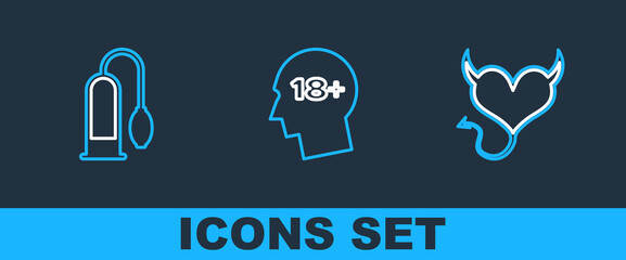 Set line Devil heart with horns, Penis pump and Head 18 plus icon. Vector