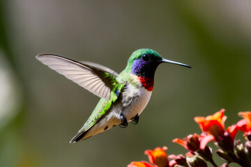 Tyrian Metaltail Hummingbird in the treetops in a tropical rainforest, Amazon of Brazil. Wildlife concept of ecological environment. Generative AI