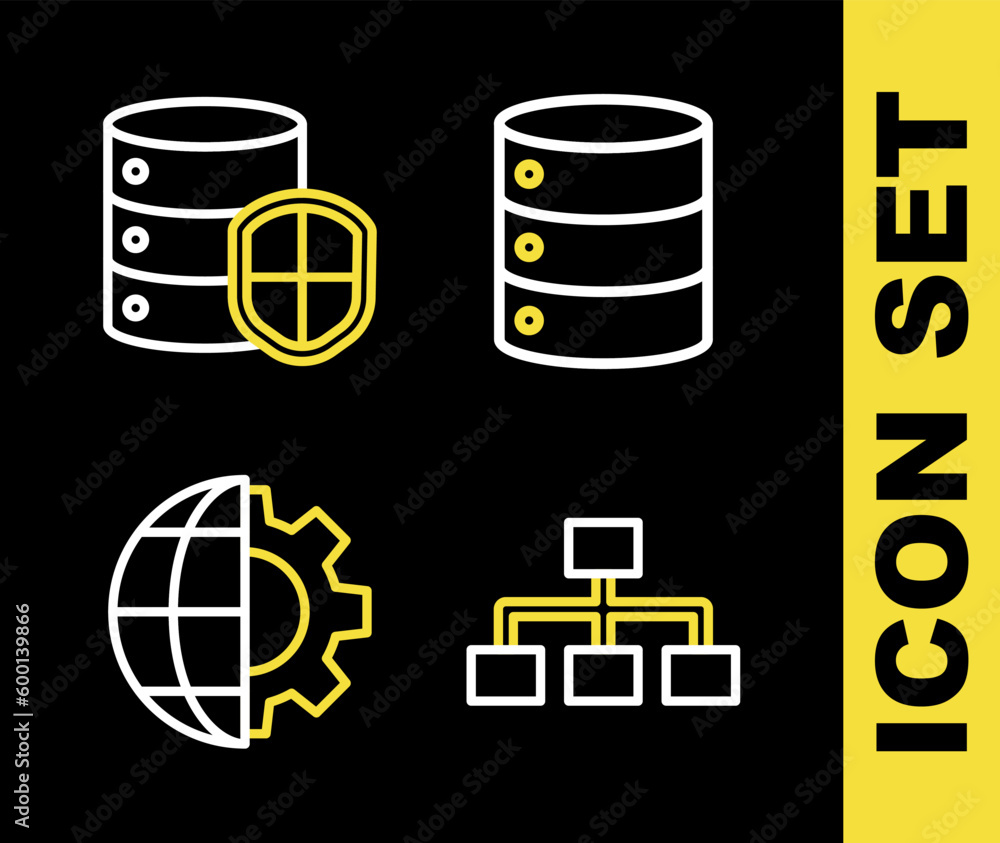 Poster set line server, data, web hosting, hierarchy organogram chart, globe of the earth and gear and with