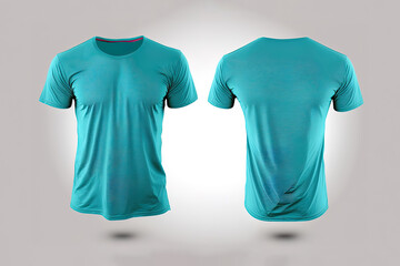 Photo realistic male cyan color t-shirts with copy space, front and back view. Created with Generative AI Technology