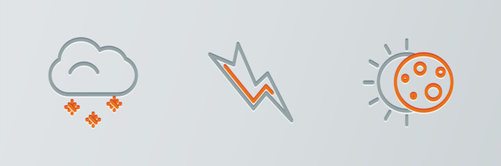 Set line Eclipse of the sun, Cloud with snow and Lightning bolt icon. Vector