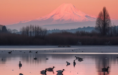 Sandhill cranes at sunset in a lake