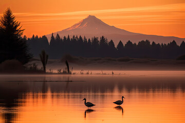 Sandhill cranes at sunset in a lake