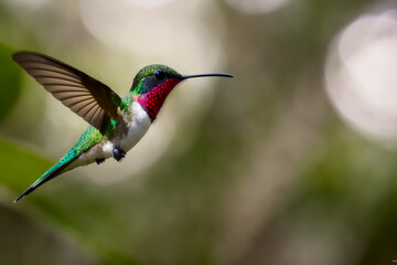 Fototapeta premium Tyrian Metaltail Hummingbird in the treetops in a tropical rainforest, Amazon of Brazil. Wildlife concept of ecological environment. Generative AI