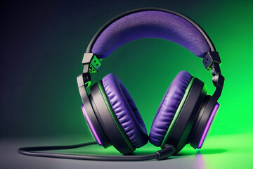 Fototapeta na wymiar purple and black headphones against a green background, futuristic, neon, tech. Generative AI