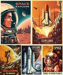 Space adventures set flyers colorful