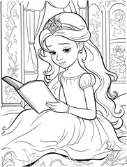 little princess girl coloring book outline stroke illustration baby cute character vector page queen crown fairy tale - obrazy, fototapety, plakaty