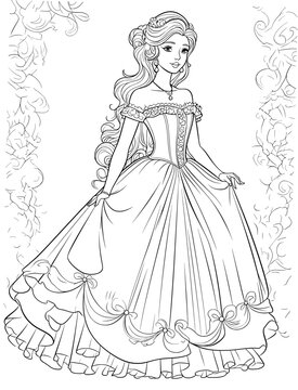 Fototapeta princess girl coloring book outline stroke illustration baby cute character vector page queen crown fairy tale