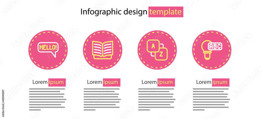 Poster set line vocabulary, creative lamp light idea, open book and hello in different languages icon. vect