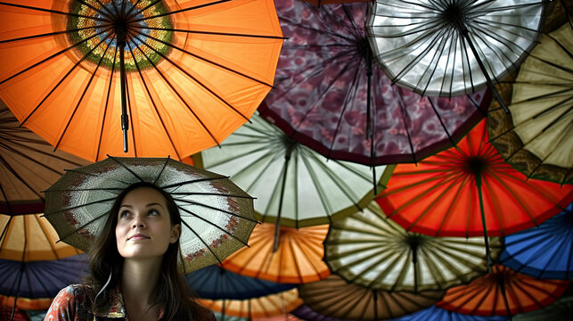 Woman Under Colorfull Umbrellas - Generative AI
