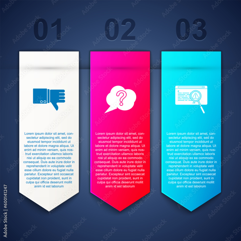 Poster set dislike, speech bubble question and system bug concept. business infographic template. vector