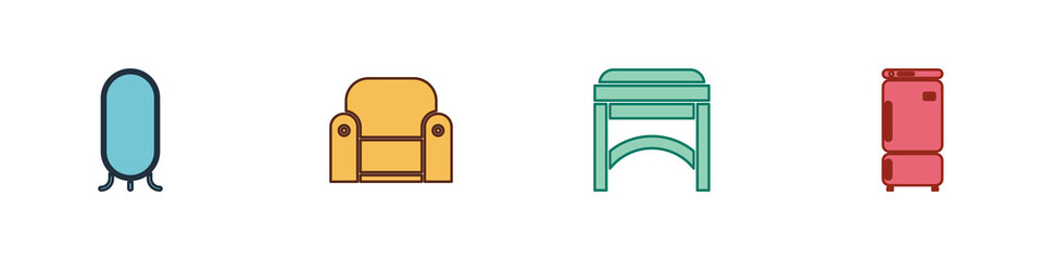 Set Big full length mirror, Armchair, Chair and Refrigerator icon. Vector