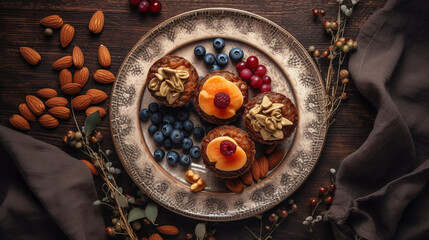 Muffins  with  berries on plate, top view 