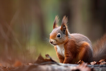Fototapeta premium The Eurasian red squirrel (Sciurus vulgaris) in its natural habitat in the autumn forest