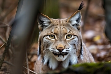 Lynx looks with predatory eyes from the shelter, hidden in the forest while walking