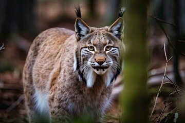 Obraz na płótnie Canvas Lynx looks with predatory eyes from the shelter, hidden in the forest while walking