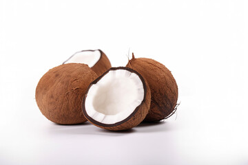 a whole and a half coconut on a white surface. Created with Generative AI Technology