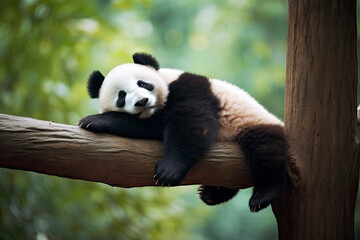 Obraz premium Panda Bear Sleeping on a Tree Branch, China Wildlife