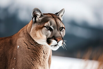 Naklejka premium Portrait of a cougar, mountain lion, puma, Winter mountains
