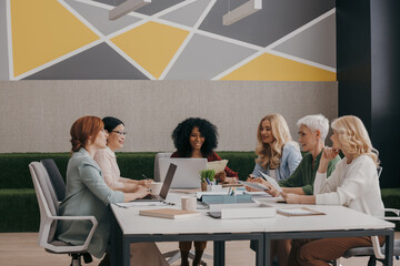 Group of confident mature women discussing business while having meeting in the office