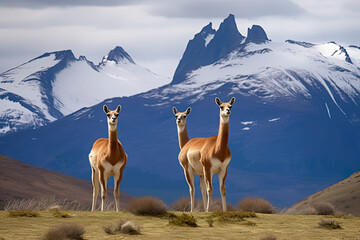Naklejka na ściany i meble Three guanacoes in Torres del Paine national park