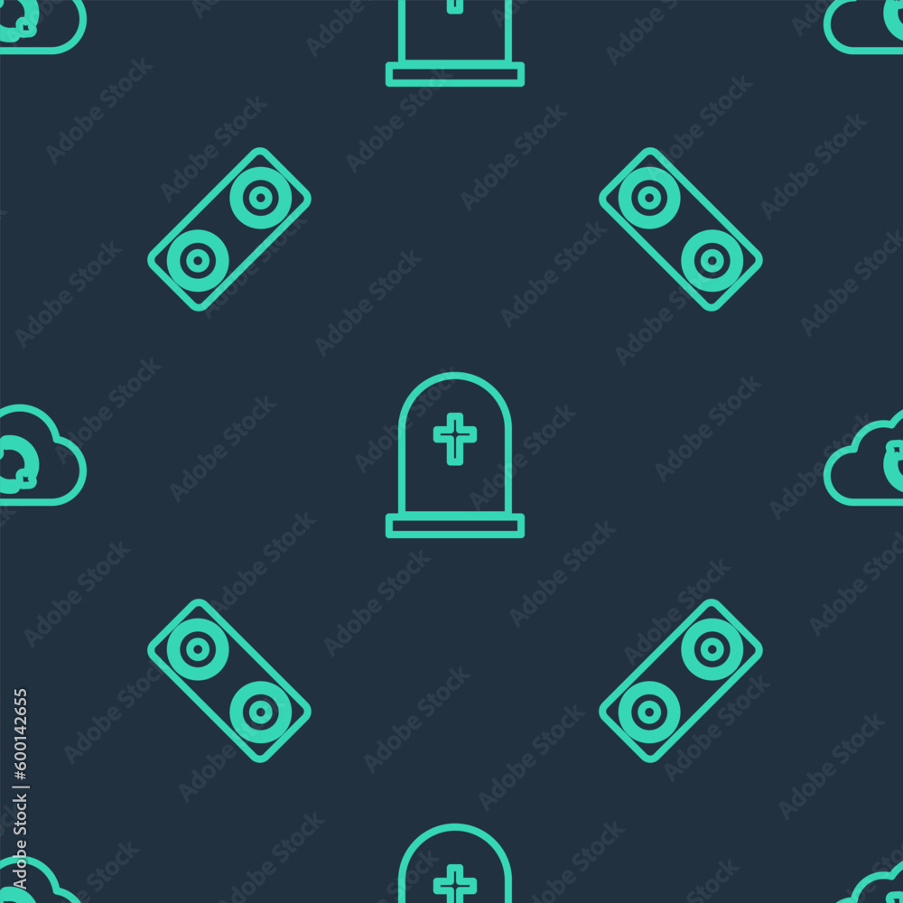 Aufkleber set line tombstone with cross, stereo speaker and cloud sync refresh on seamless pattern. vector