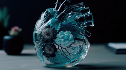 Beautiful glass anatomical heart in blue and white pastel colors. Generative AI