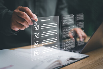 Electronic document smart checklist on virtual screens concept, businessman checking electronic...