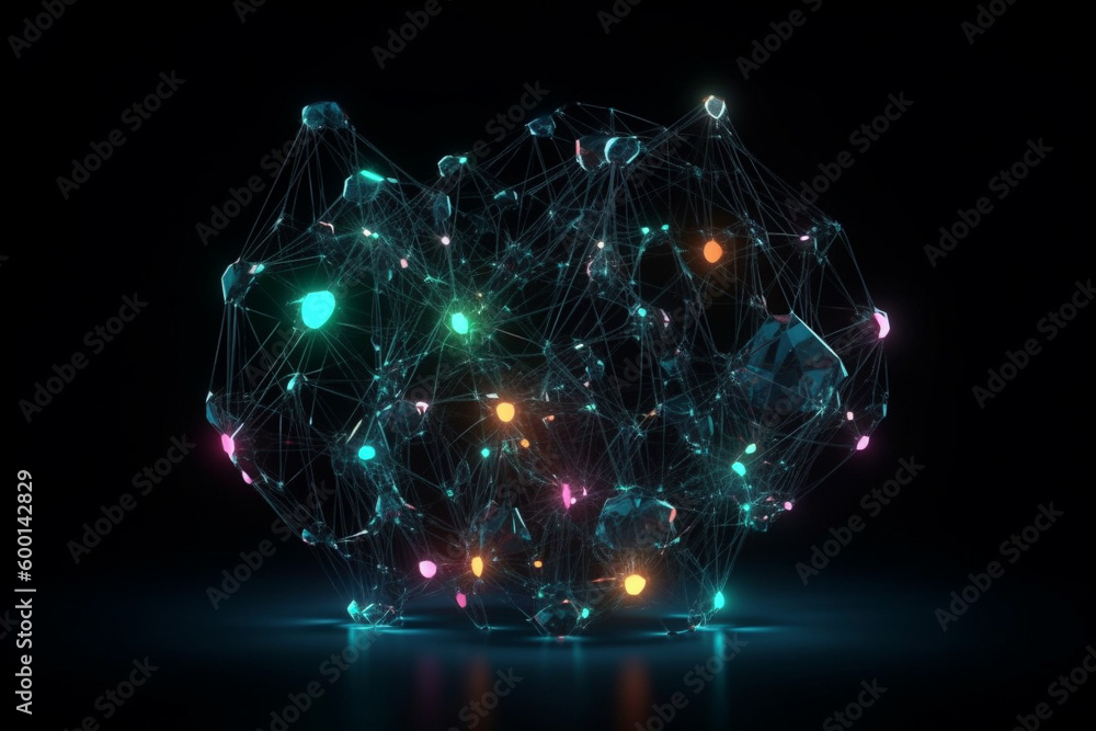 Poster neural network with connections glowing in the dark. generative ai