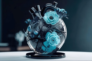 Beautiful glass anatomical heart in blue and white pastel colors. Generative AI