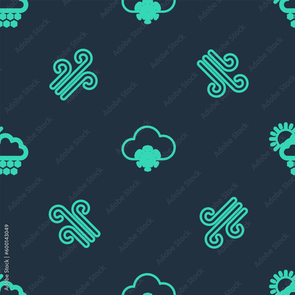 Poster set line cloud with snow, wind and and sun on seamless pattern. vector